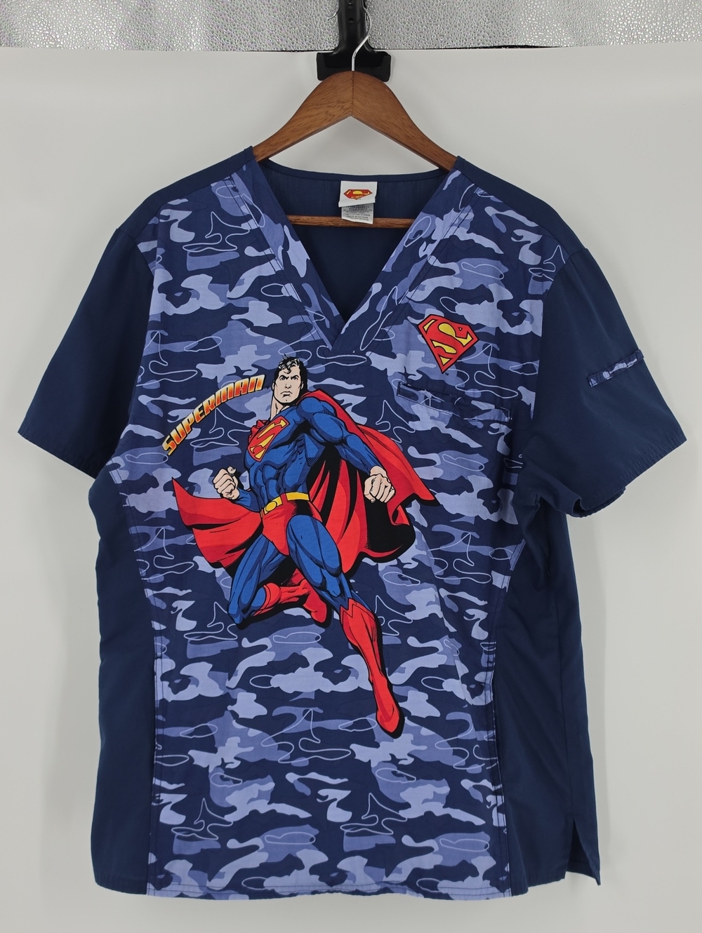 DC Comics Men's Blue Camo Superman V-Neck Graphic Scrub Top